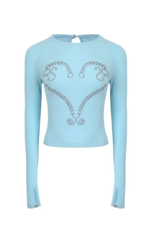 Crystal Heart Long Sleeve Crop Top - Y2K Aesthetic Cute Top for Fall