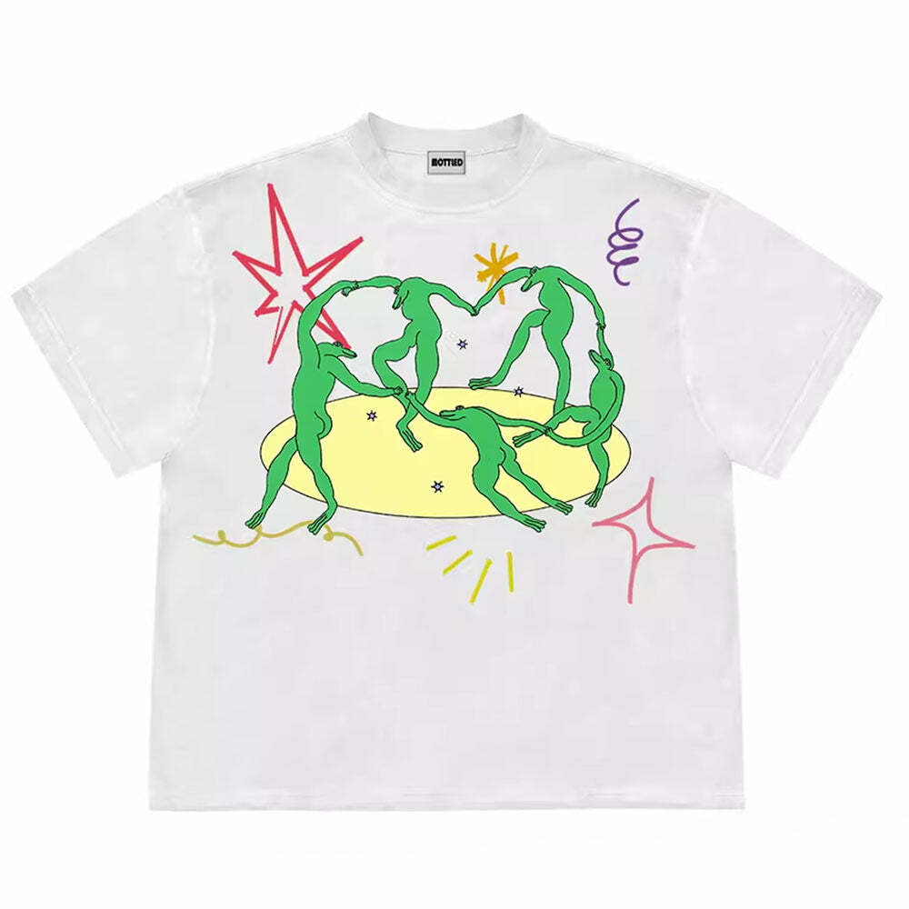 Dancing Aliens Y2K Graphic T-Shirt for Cute Aesthetic Outfits