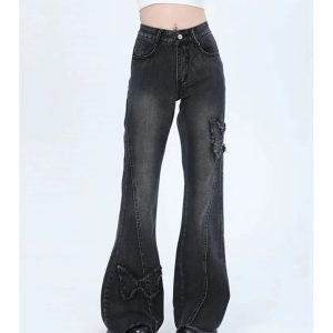 Dark Butterfly Flare Jeans - Y2K Aesthetic Grunge Style for Trendsetters