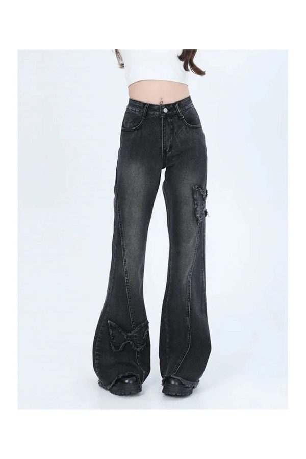 Dark Butterfly Flare Jeans - Y2K Aesthetic Grunge Style for Trendsetters