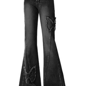 Dark Butterfly Flare Jeans - Y2K Aesthetic Grunge Style for Trendsetters