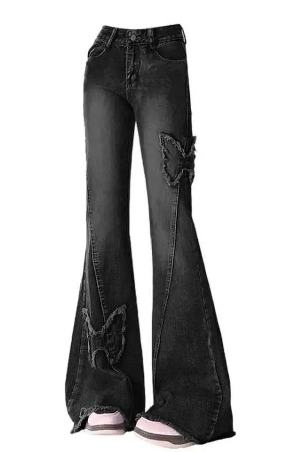 Dark Butterfly Flare Jeans - Y2K Aesthetic Grunge Style for Trendsetters