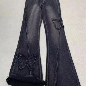 Dark Butterfly Flare Jeans - Y2K Aesthetic Grunge Style for Trendsetters