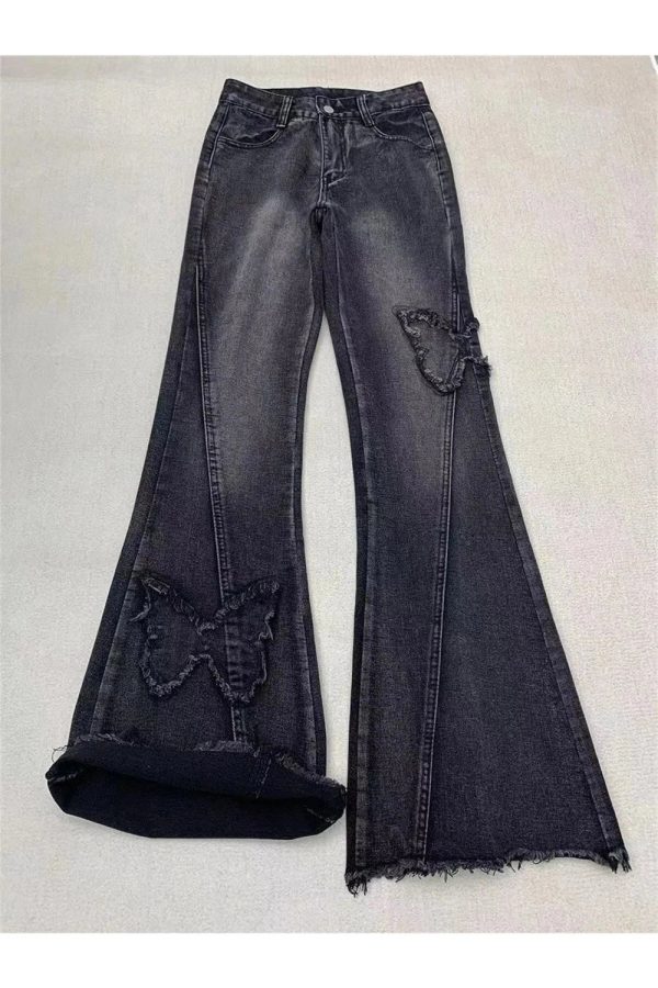 Dark Butterfly Flare Jeans - Y2K Aesthetic Grunge Style for Trendsetters