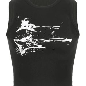 Distressed Graphic Ribbed Top for Y2K Aesthetic and Grunge Style Lovers