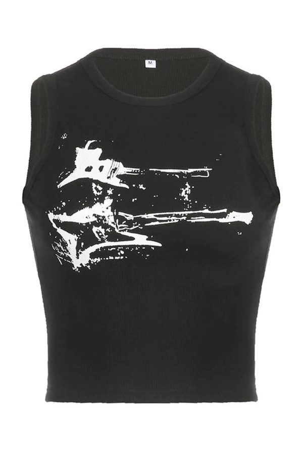 Distressed Graphic Ribbed Top for Y2K Aesthetic and Grunge Style Lovers