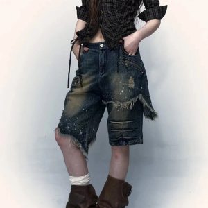 Distressed Grunge Bermuda Shorts for Y2K Aesthetic and Coquette Style