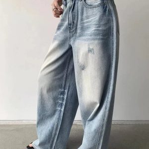 Distressed Light-Wash Wide-Leg Jeans for Y2K Aesthetic Outfits