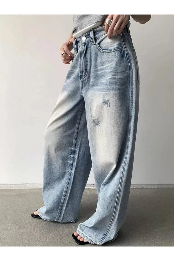 Distressed Light-Wash Wide-Leg Jeans for Y2K Aesthetic Outfits