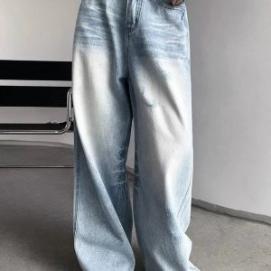 Distressed Light-Wash Wide-Leg Jeans for Y2K Aesthetic Outfits