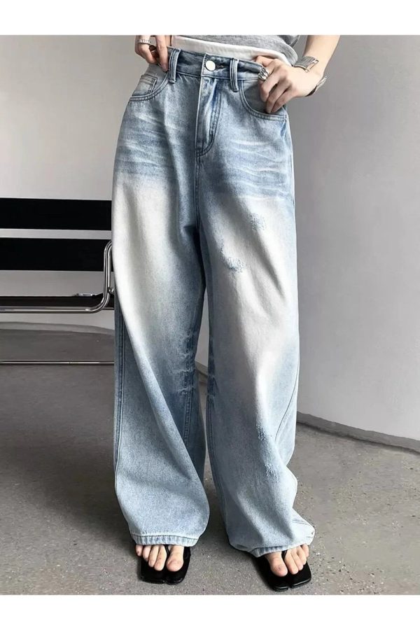 Distressed Light-Wash Wide-Leg Jeans for Y2K Aesthetic Outfits