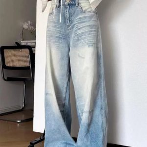 Distressed Light-Wash Wide-Leg Jeans for Y2K Aesthetic Outfits