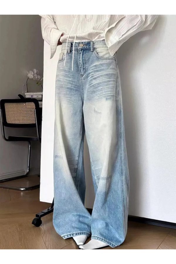 Distressed Light-Wash Wide-Leg Jeans for Y2K Aesthetic Outfits