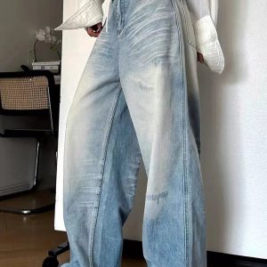 Distressed Light-Wash Wide-Leg Jeans for Y2K Aesthetic Outfits