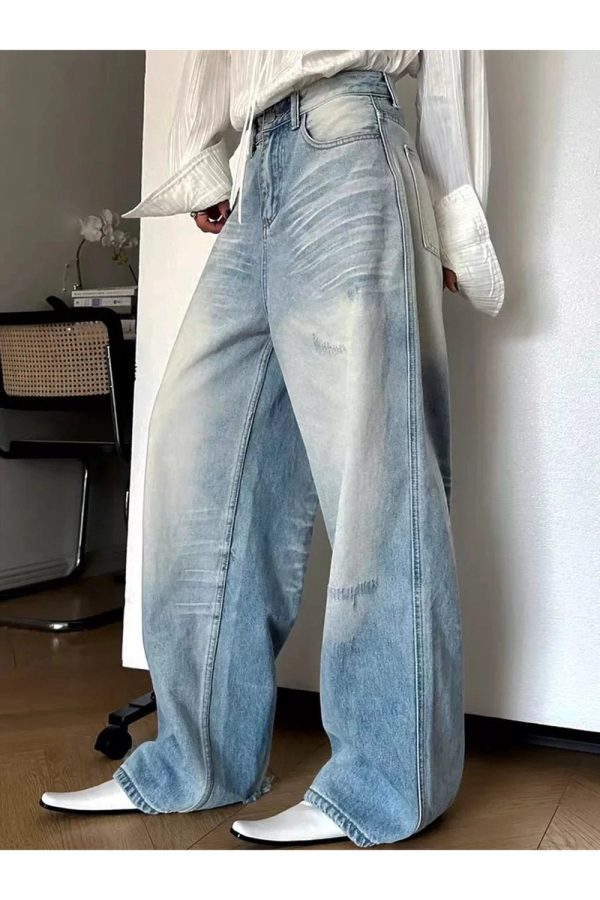 Distressed Light-Wash Wide-Leg Jeans for Y2K Aesthetic Outfits