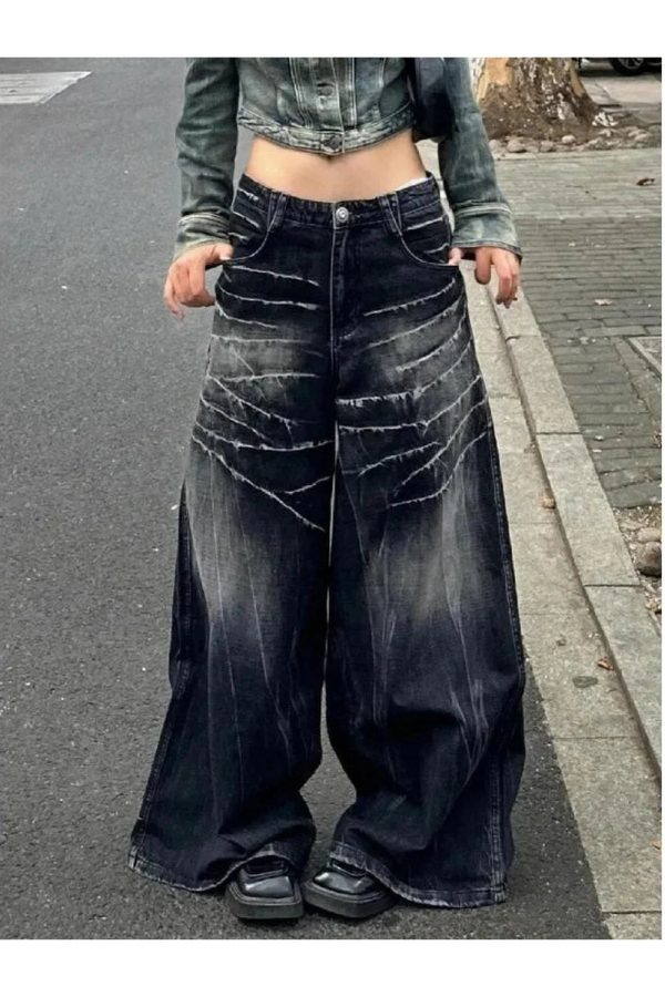 Distressed Marble Wash Wide-Leg Jeans for Y2K and Grunge Aesthetic