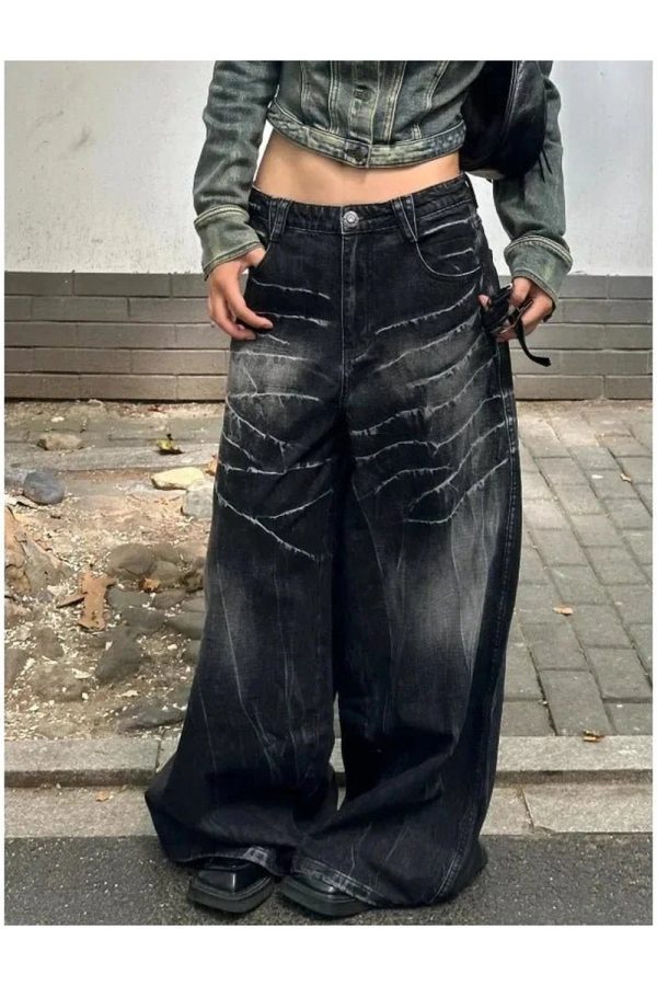 Distressed Marble Wash Wide-Leg Jeans for Y2K and Grunge Aesthetic