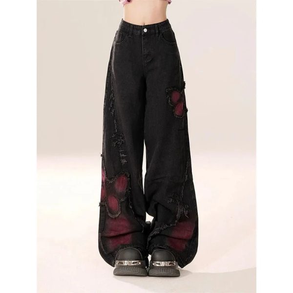 Distressed Red Butterfly Denim Pants for Y2K Aesthetic Outfits