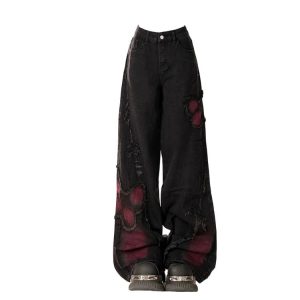 Distressed Red Butterfly Denim Pants for Y2K Aesthetic Outfits