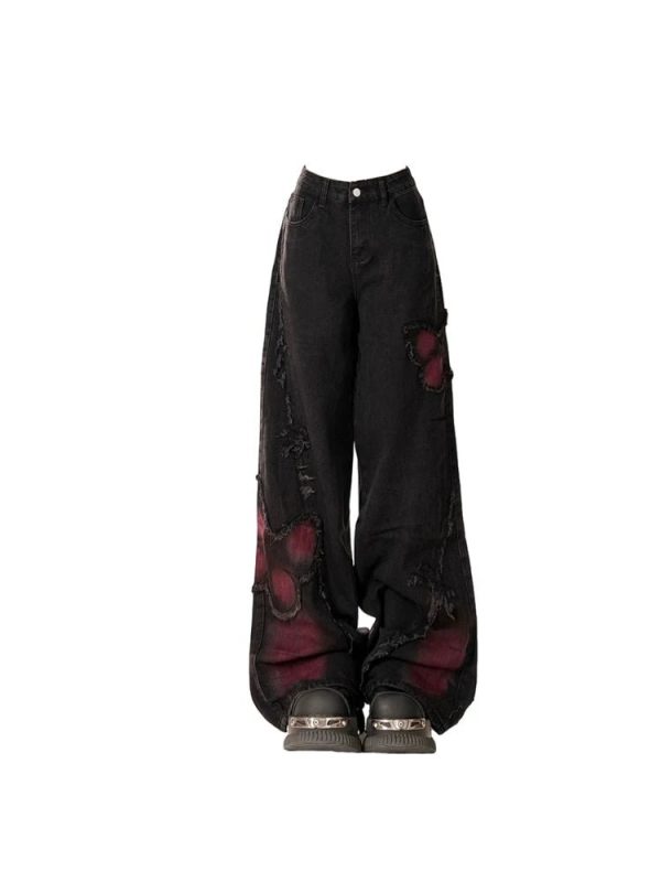 Distressed Red Butterfly Denim Pants for Y2K Aesthetic Outfits