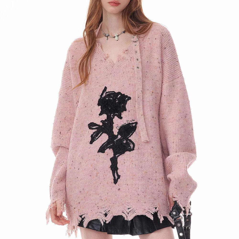 Distressed Rose Print Sweater in Y2K Aesthetic for Cozy Fall Vibes