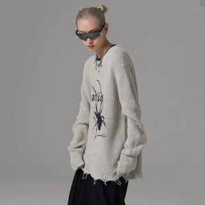 Distressed Spider Graphic Sweater - Y2K Aesthetic Grunge Style Top