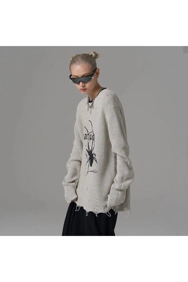 Distressed Spider Graphic Sweater - Y2K Aesthetic Grunge Style Top