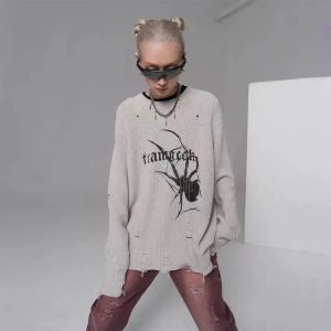 Distressed Spider Graphic Sweater - Y2K Aesthetic Grunge Style Top