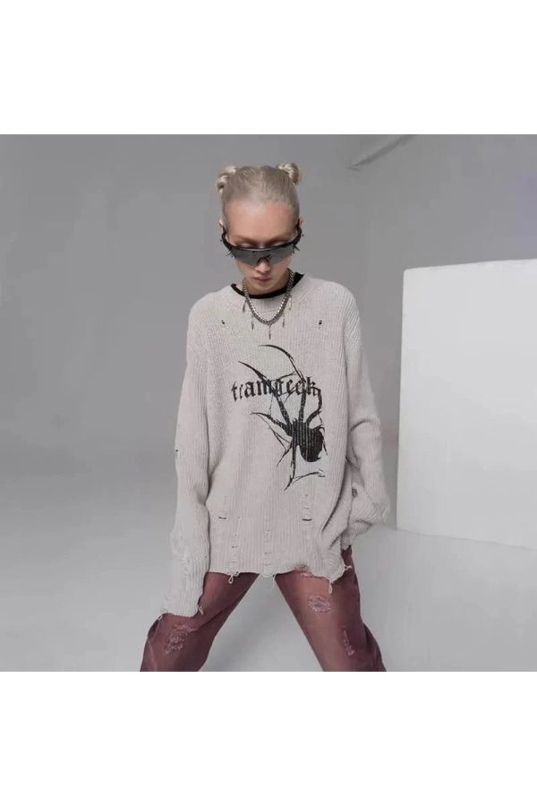 Distressed Spider Graphic Sweater - Y2K Aesthetic Grunge Style Top