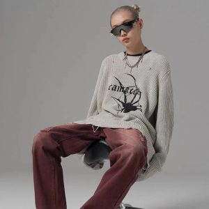 Distressed Spider Graphic Sweater - Y2K Aesthetic Grunge Style Top