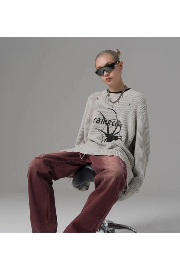 Distressed Spider Graphic Sweater - Y2K Aesthetic Grunge Style Top