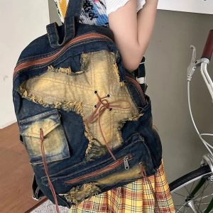 Distressed Vintage Denim Backpack for Y2K Aesthetic and Grunge Style