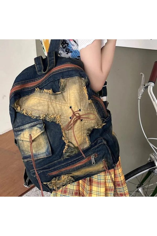 Distressed Vintage Denim Backpack for Y2K Aesthetic and Grunge Style