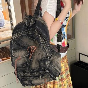 Distressed Vintage Denim Backpack for Y2K Aesthetic and Grunge Style