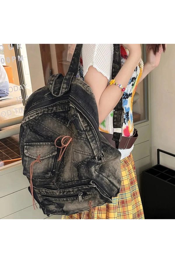 Distressed Vintage Denim Backpack for Y2K Aesthetic and Grunge Style