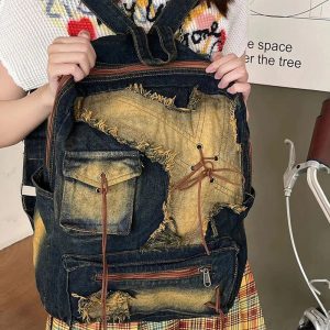 Distressed Vintage Denim Backpack for Y2K Aesthetic and Grunge Style