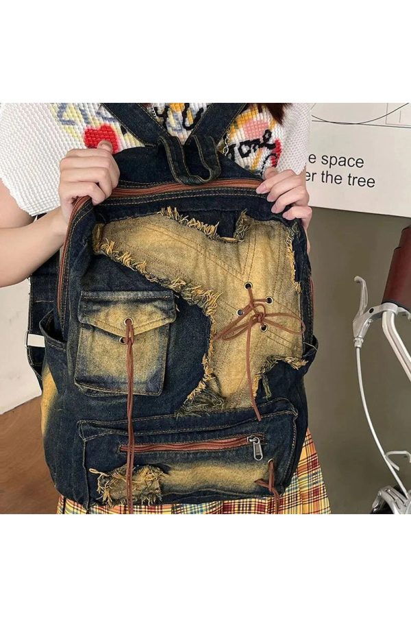 Distressed Vintage Denim Backpack for Y2K Aesthetic and Grunge Style