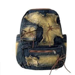 Distressed Vintage Denim Backpack for Y2K Aesthetic and Grunge Style