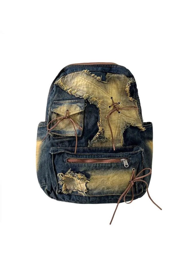 Distressed Vintage Denim Backpack for Y2K Aesthetic and Grunge Style