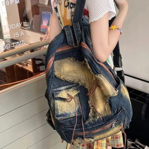 Distressed Vintage Denim Backpack for Y2K Aesthetic and Grunge Style