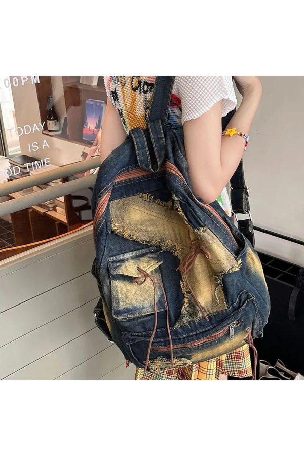 Distressed Vintage Denim Backpack for Y2K Aesthetic and Grunge Style