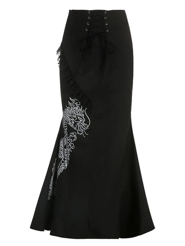 Dragon Embroidered Y2K Gothic Maxi Skirt for Grunge Aesthetic Lovers