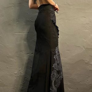 Dragon Embroidered Y2K Gothic Maxi Skirt for Grunge Aesthetic Lovers