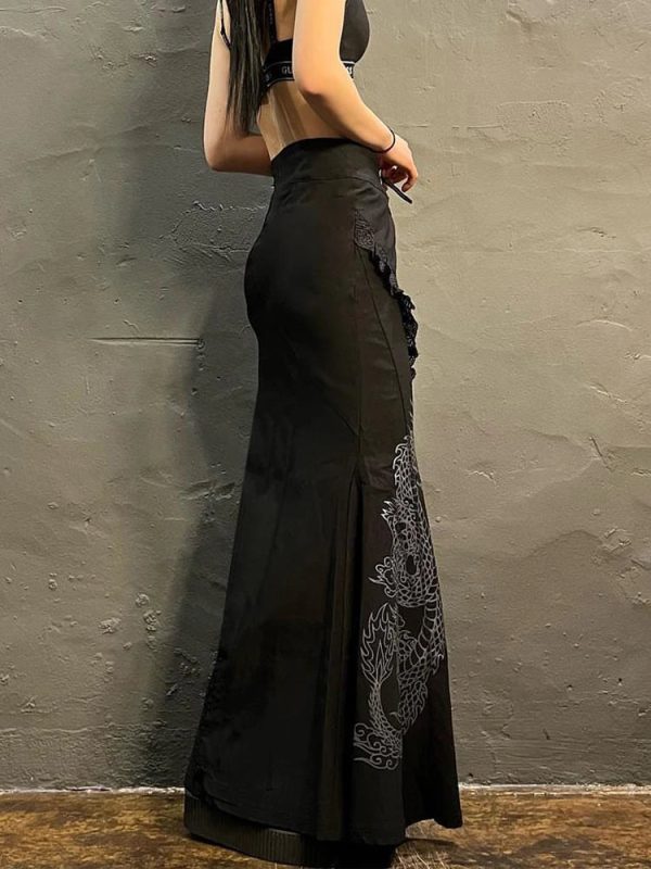 Dragon Embroidered Y2K Gothic Maxi Skirt for Grunge Aesthetic Lovers