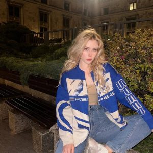 Electric Blue Y2K Knit Jacket for Trendy Streetwear Aesthetic