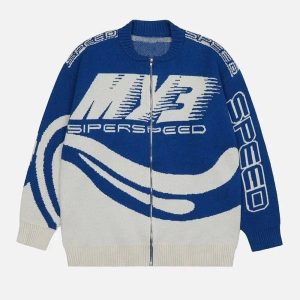 Electric Blue Y2K Knit Jacket for Trendy Streetwear Aesthetic