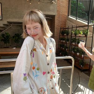 Embroidered Meadow Button-Up Shirt - Y2K Aesthetic Cute Top for Fall