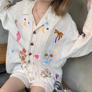 Embroidered Meadow Button-Up Shirt - Y2K Aesthetic Cute Top for Fall