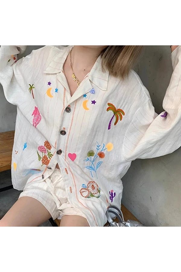 Embroidered Meadow Button-Up Shirt - Y2K Aesthetic Cute Top for Fall