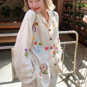 Embroidered Meadow Button-Up Shirt - Y2K Aesthetic Cute Top for Fall